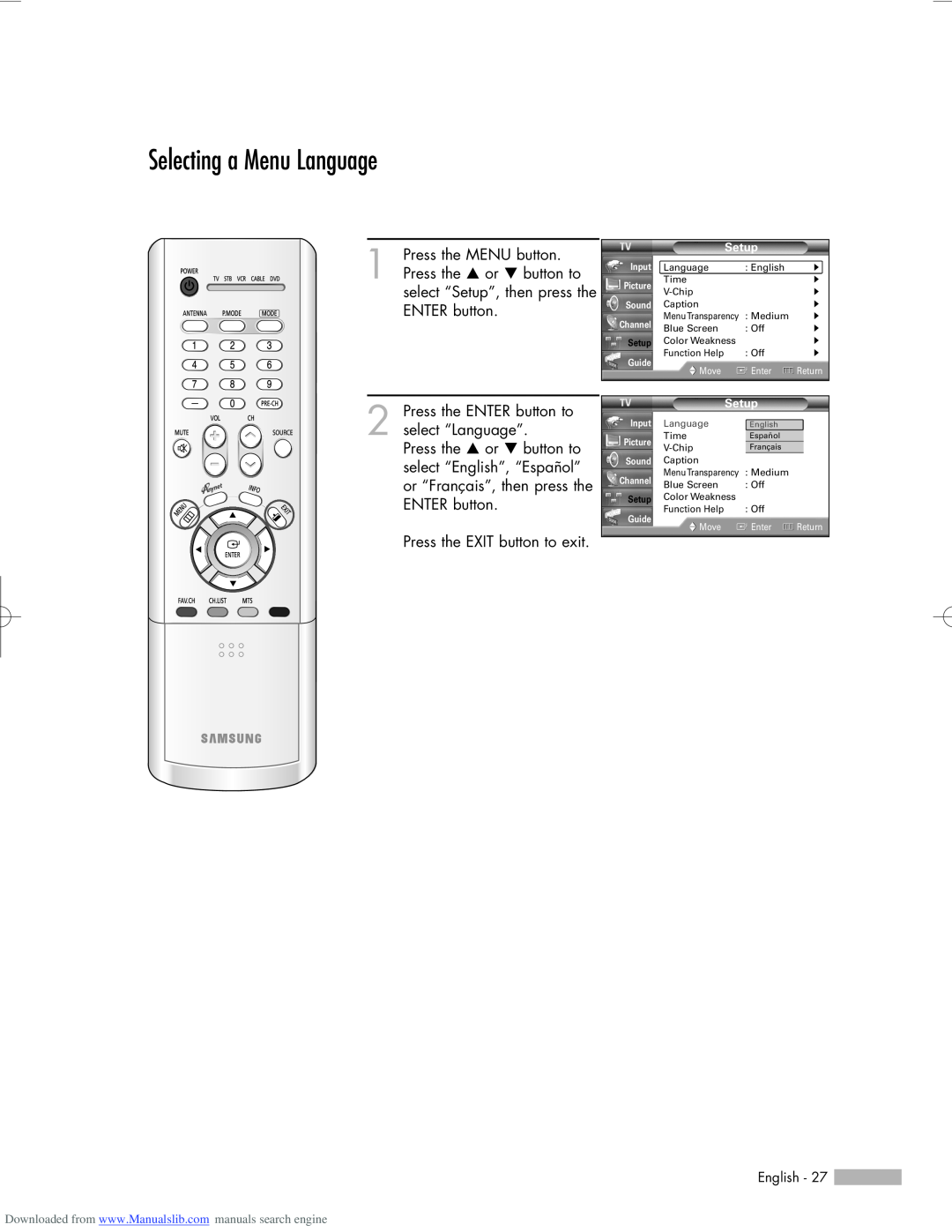 Samsung HL-R6156W, HL-R5656W, HL-R5056W manual Selecting a Menu Language 