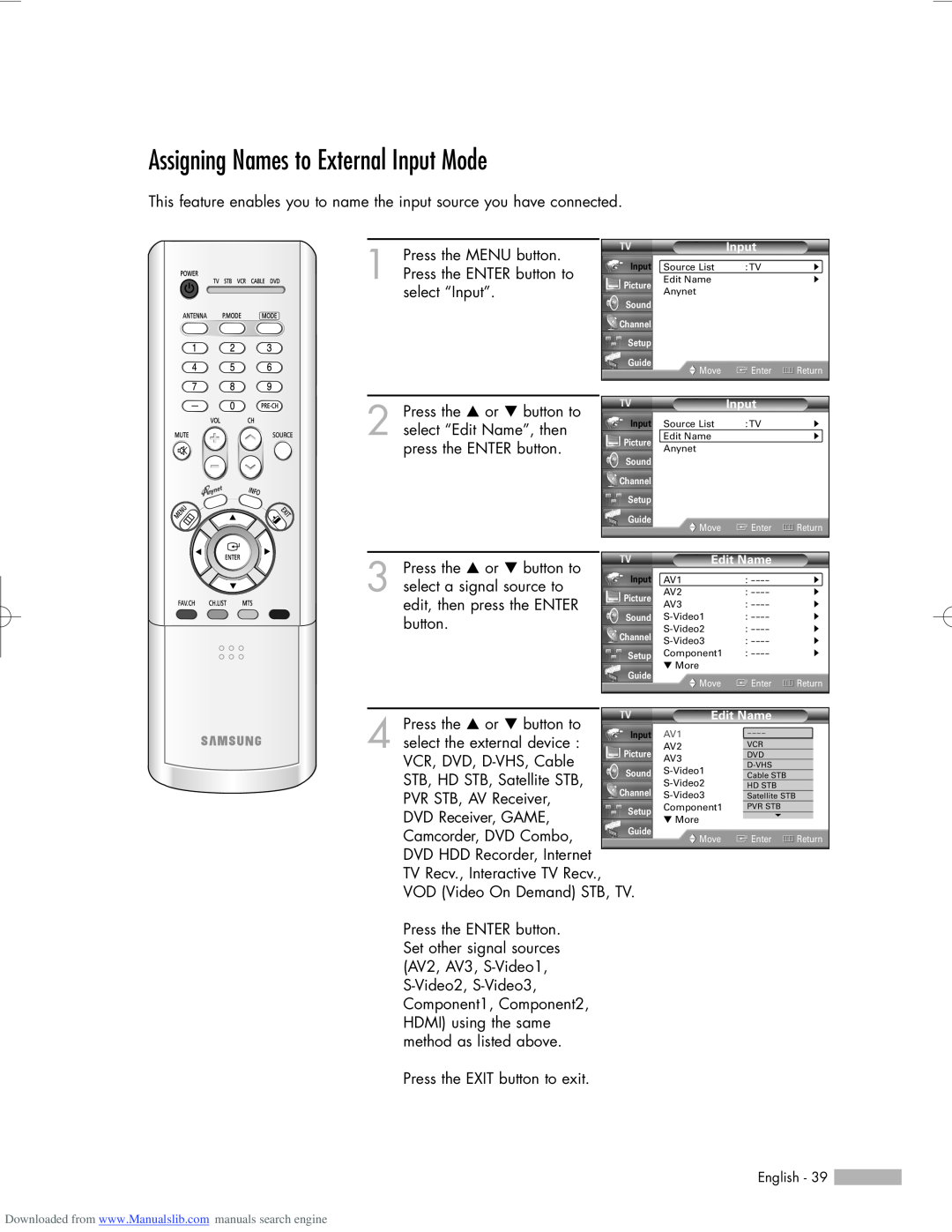Samsung HL-R6156W, HL-R5656W, HL-R5056W manual Assigning Names to External Input Mode 