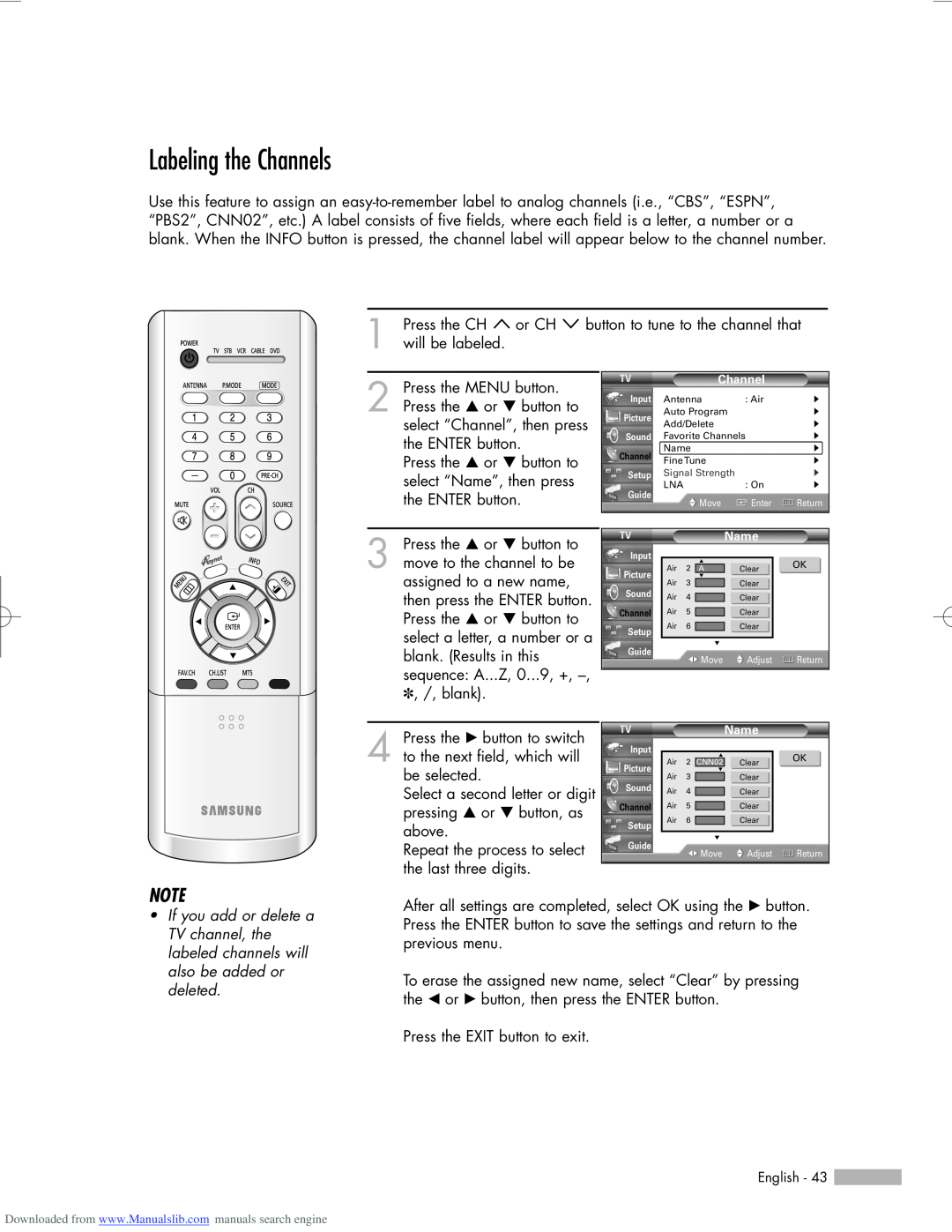 Samsung HL-R5656W, HL-R6156W, HL-R5056W manual Labeling the Channels 