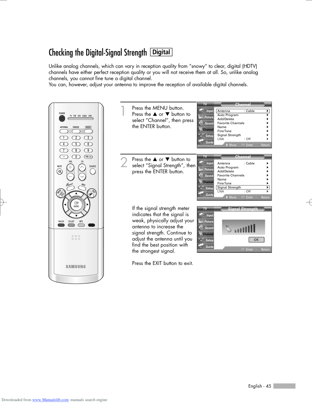 Samsung HL-R6156W, HL-R5656W, HL-R5056W manual Checking the Digital-Signal Strength 