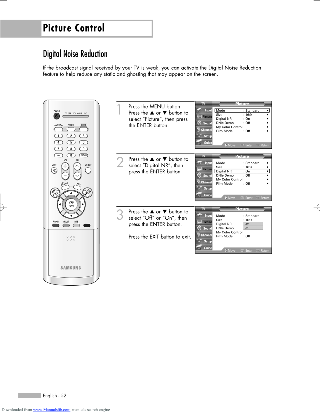Samsung HL-R5656W, HL-R6156W, HL-R5056W manual Digital Noise Reduction, Picture Control, Digital NR 