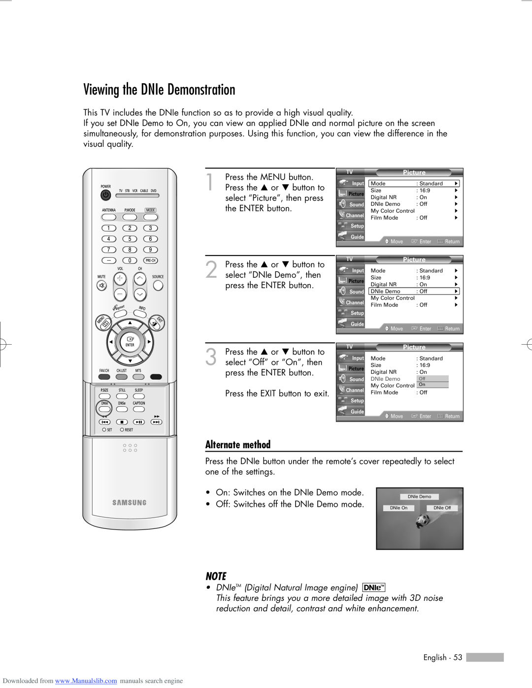 Samsung HL-R5056W, HL-R6156W manual Viewing the DNIe Demonstration, DNIeTM Digital Natural Image engine, Alternate method 