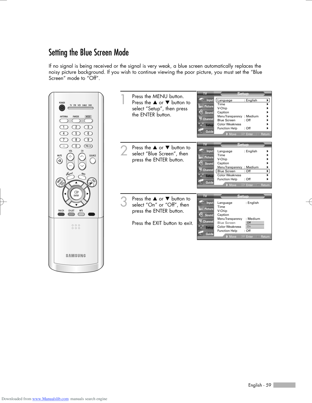 Samsung HL-R5056W, HL-R6156W, HL-R5656W manual Setting the Blue Screen Mode 