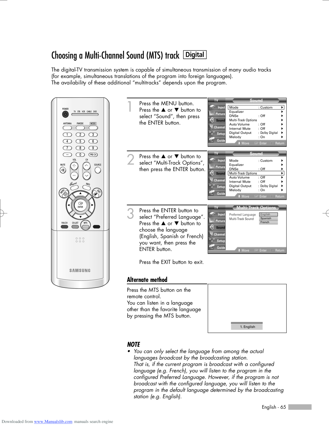 Samsung HL-R5056W, HL-R6156W manual Choosing a Multi-Channel Sound MTS track, Digital, Alternate method, Multi-Track Sound 
