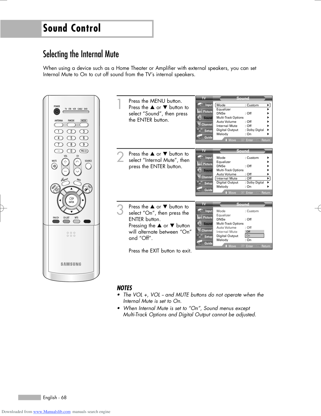 Samsung HL-R5056W, HL-R6156W, HL-R5656W manual Selecting the Internal Mute, Sound Control 