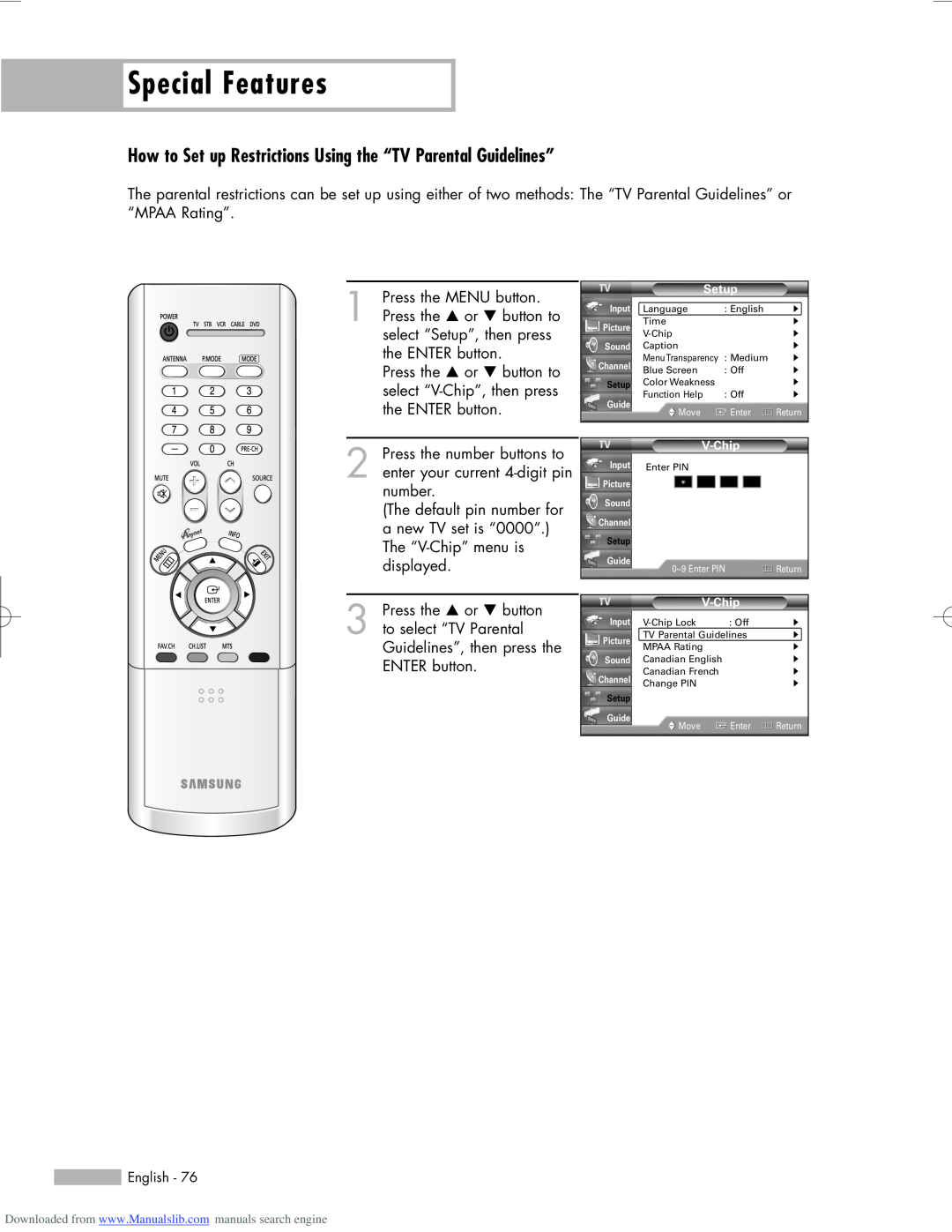 Samsung HL-R5656W, HL-R6156W, HL-R5056W How to Set up Restrictions Using the “TV Parental Guidelines”, Special Features 