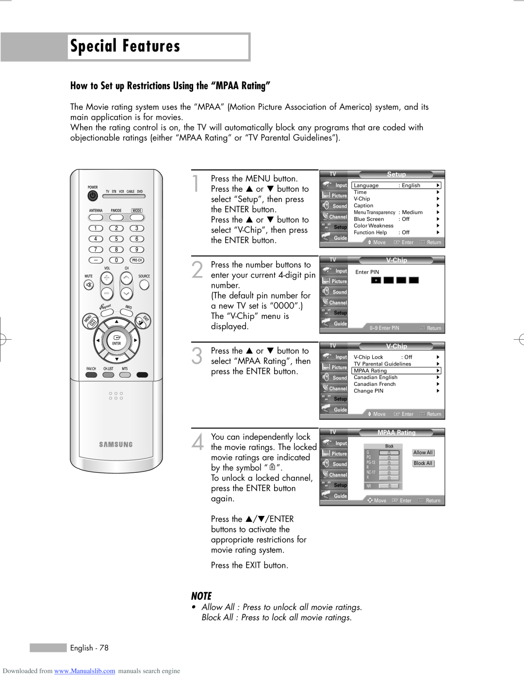 Samsung HL-R6156W manual How to Set up Restrictions Using the “MPAA Rating”, Allow All Press to unlock all movie ratings 