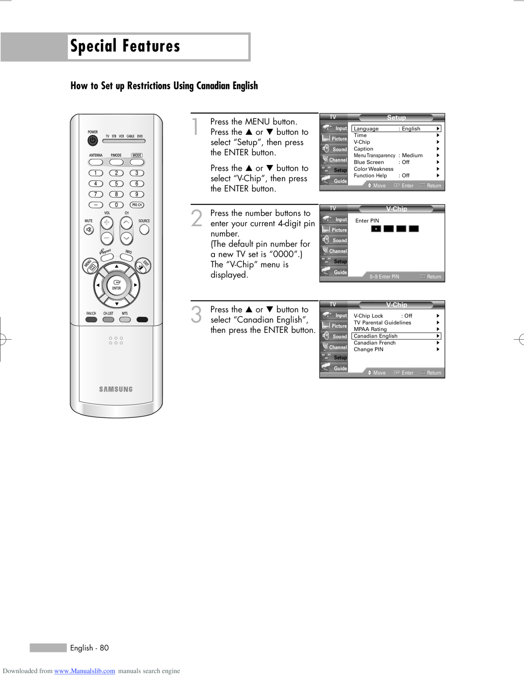 Samsung HL-R5056W, HL-R6156W, HL-R5656W manual Special Features, How to Set up Restrictions Using Canadian English 