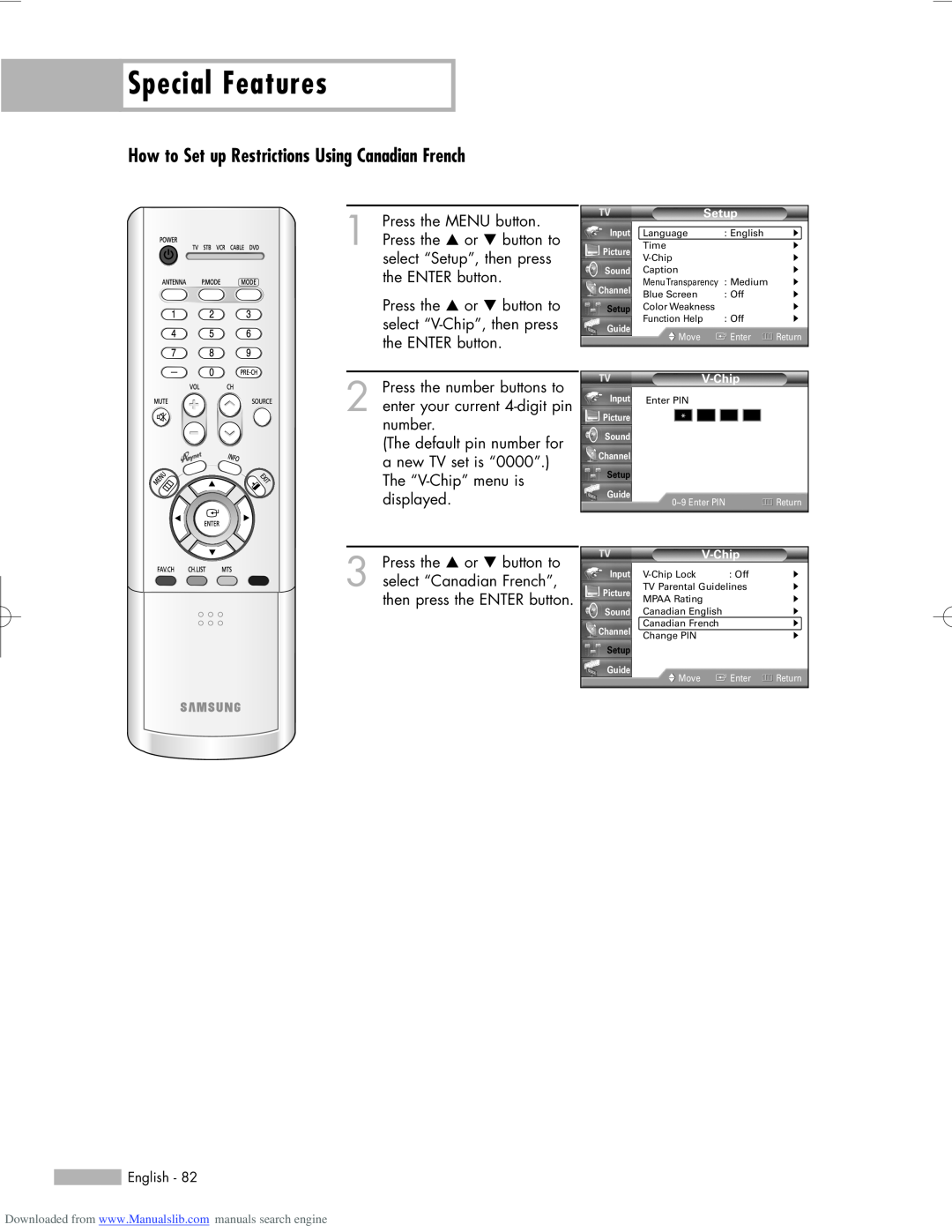 Samsung HL-R5656W, HL-R6156W, HL-R5056W manual How to Set up Restrictions Using Canadian French, Special Features 