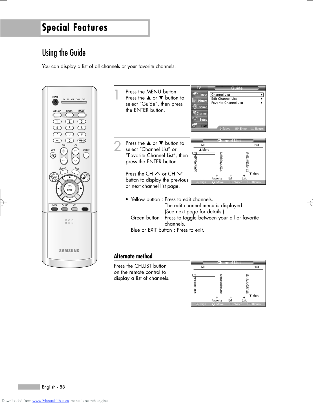 Samsung HL-R5656W, HL-R6156W, HL-R5056W manual Using the Guide, Special Features, Alternate method 