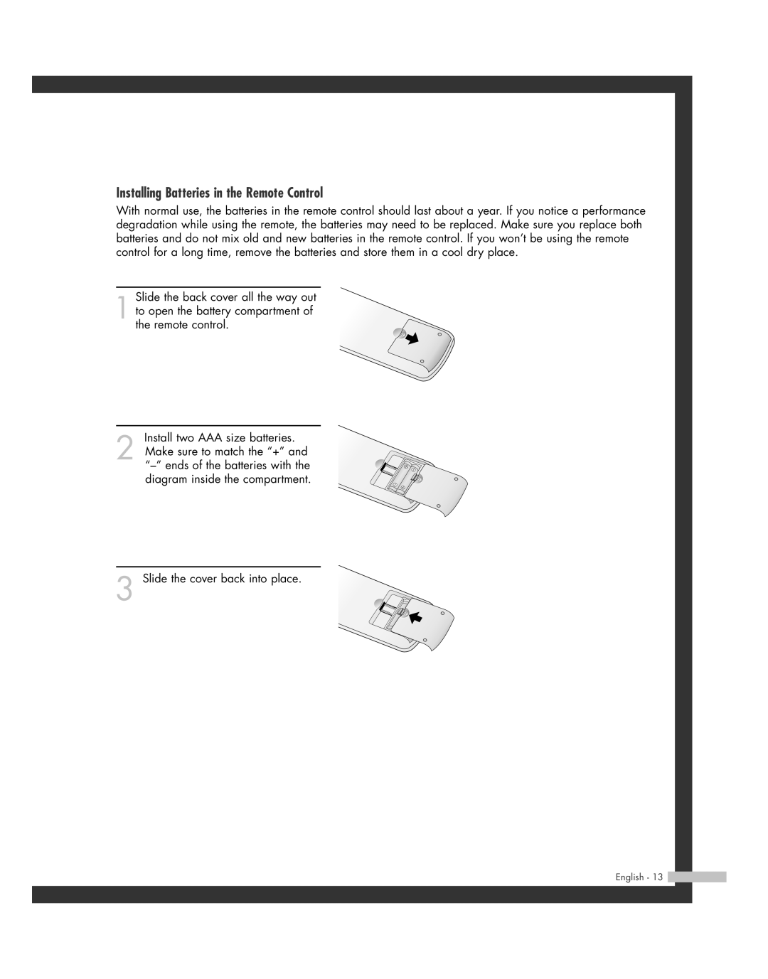 Samsung 20051014141732390, HL-R6162W, HL-R4662W, HL-R4262W, HL-R5062W, HL-R5662W Installing Batteries in the Remote Control 