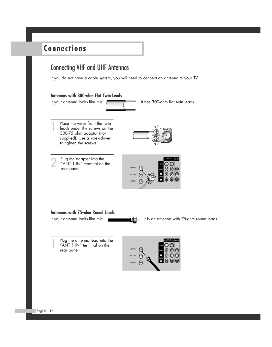 Samsung HL-R4262W Connecting VHF and UHF Antennas, Antennas with 300-ohm Flat Twin Leads, Antennas with 75-ohm Round Leads 