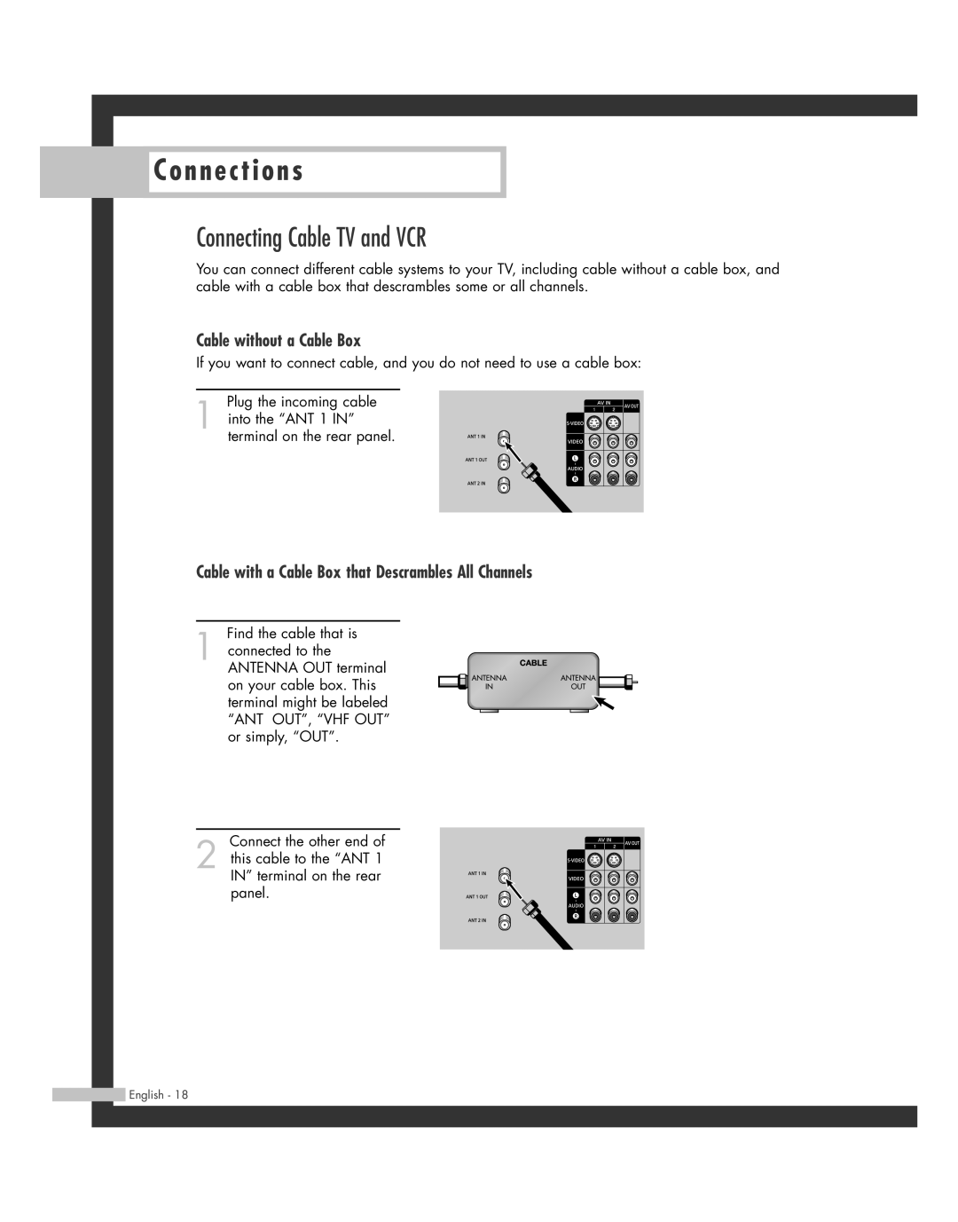 Samsung HL-R5662W, HL-R6162W, HL-R4662W, HL-R4262W, HL-R5062W manual Connecting Cable TV and VCR, Cable without a Cable Box 