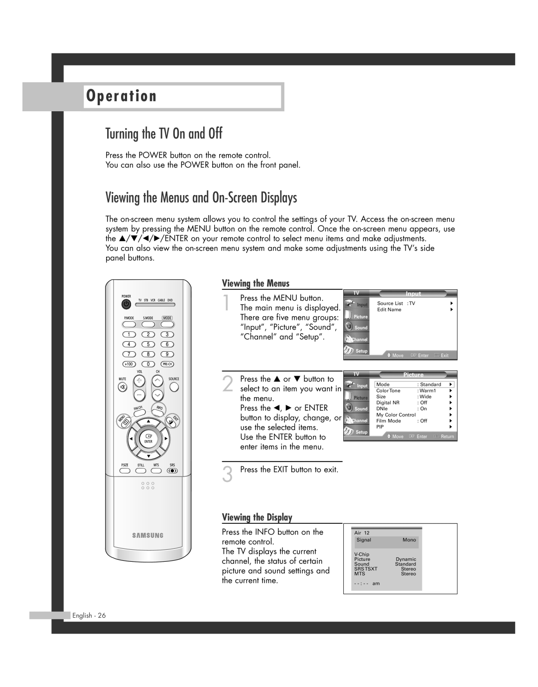 Samsung BP68-00493D-00, HL-R6162W Turning the TV On and Off, Viewing the Menus and On-Screen Displays, Viewing the Display 