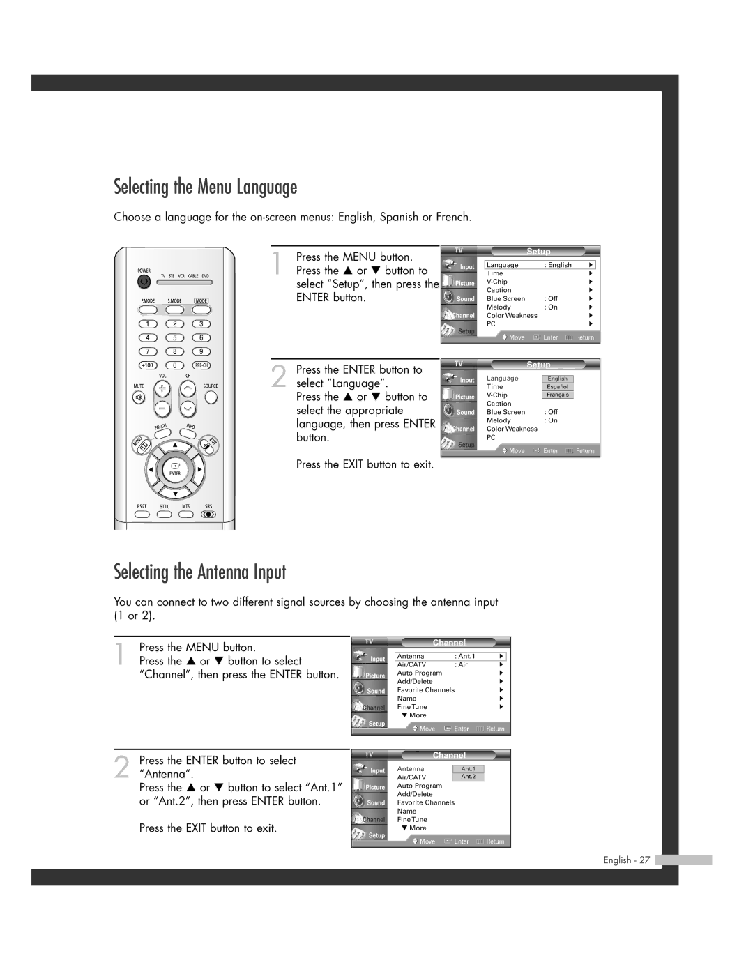 Samsung 20051014141732390, HL-R6162W, HL-R4662W, HL-R4262W manual Selecting the Menu Language, Selecting the Antenna Input 