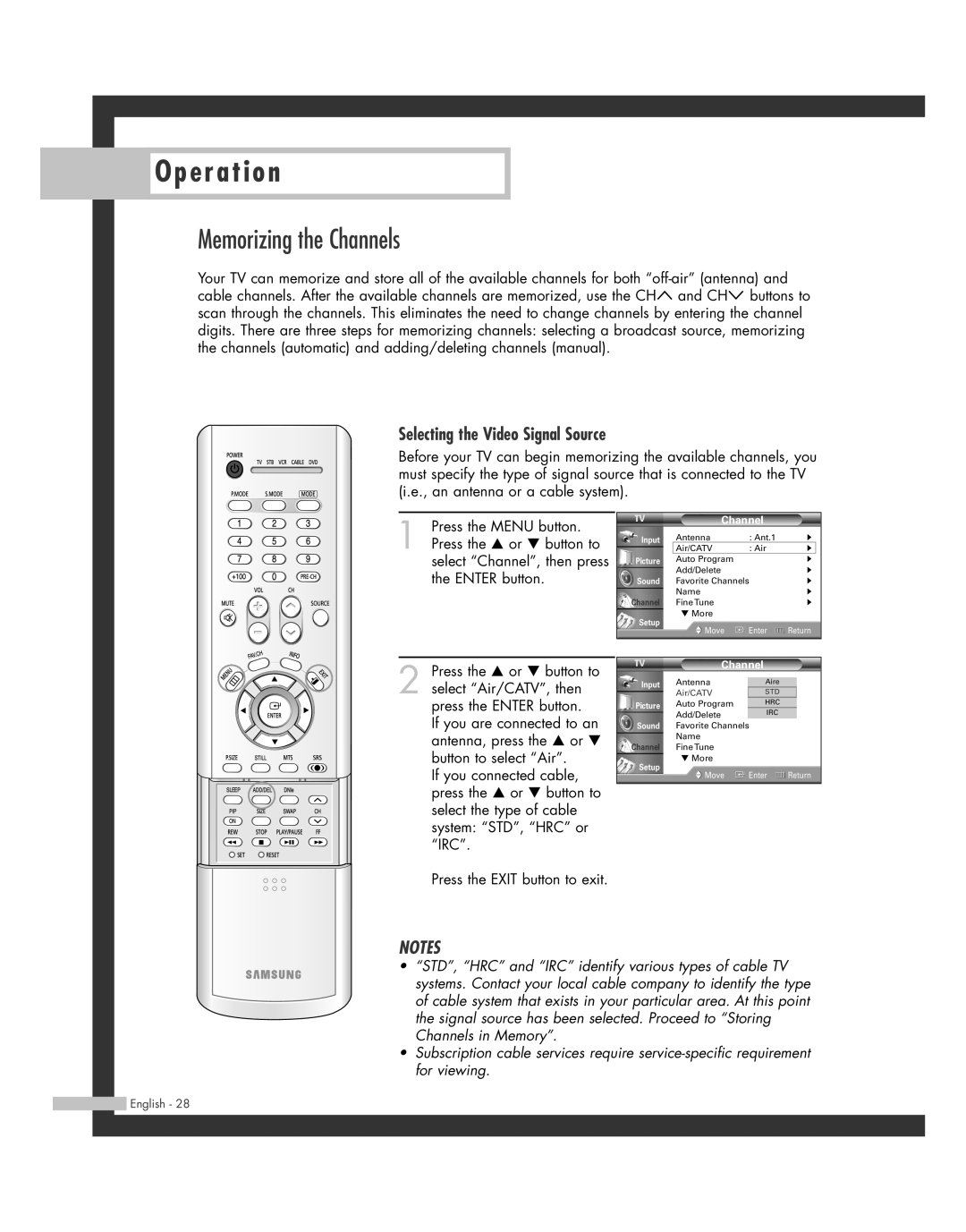 Samsung HL-R6162W, HL-R4662W, HL-R4262W, HL-R5062W, HL-R5662W manual Memorizing the Channels, Selecting the Video Signal Source 