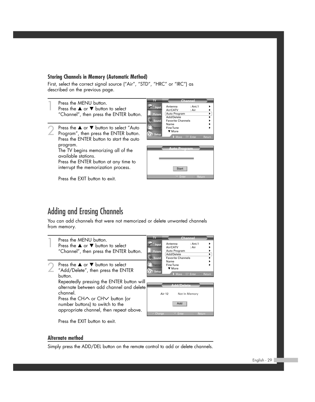 Samsung HL-R4662W, HL-R6162W Adding and Erasing Channels, Storing Channels in Memory Automatic Method, Alternate method 