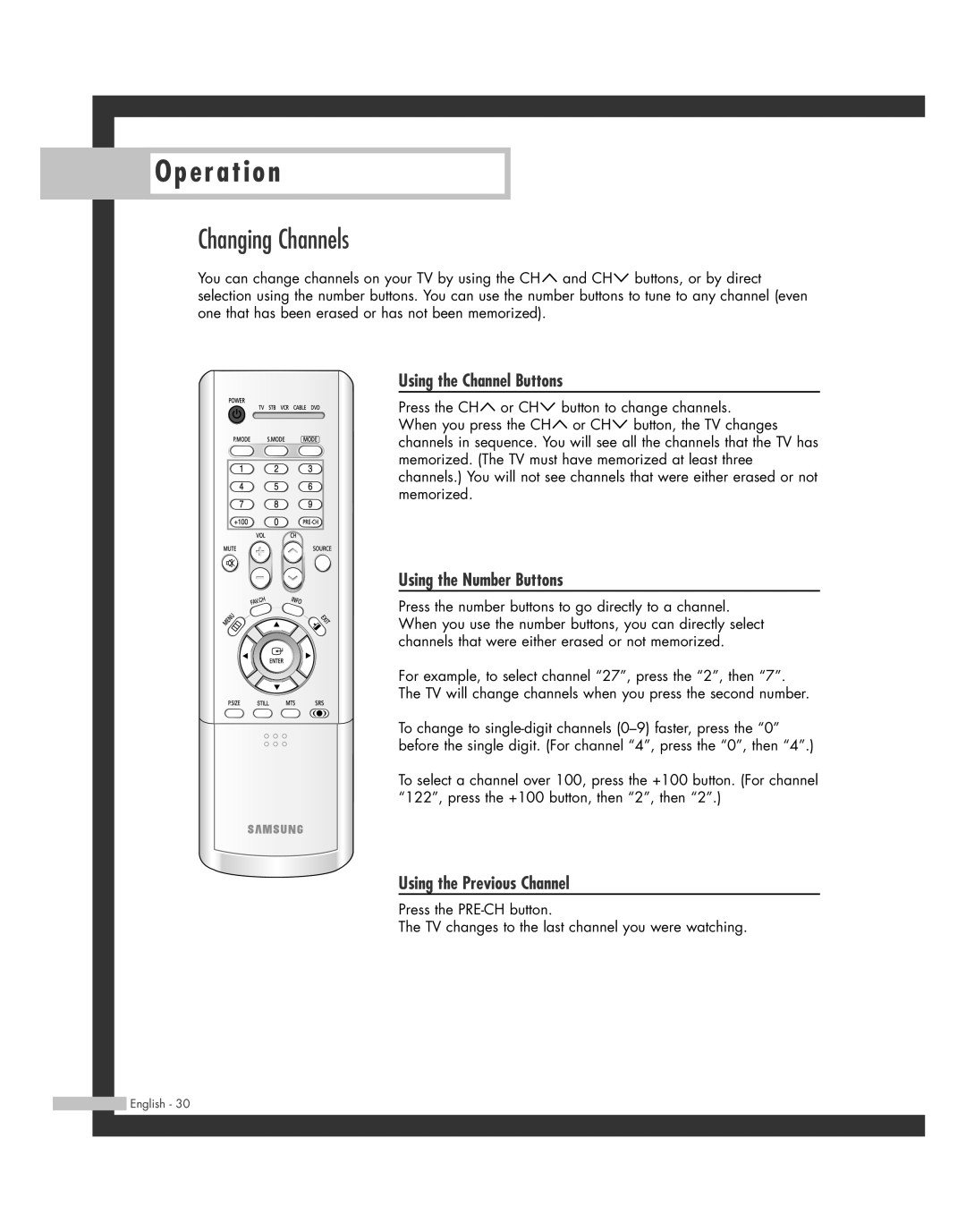 Samsung HL-R4262W manual Changing Channels, Using the Channel Buttons, Using the Number Buttons, Using the Previous Channel 