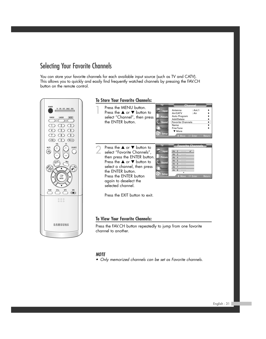 Samsung HL-R5062W, HL-R6162W, HL-R4662W, HL-R4262W manual Selecting Your Favorite Channels, To View Your Favorite Channels 