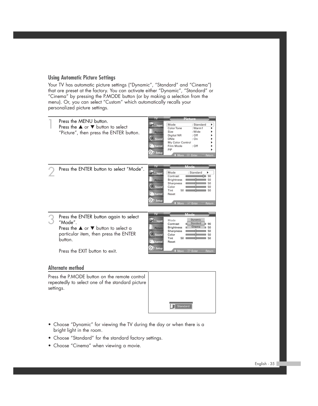 Samsung HL-R6162W, HL-R4662W, HL-R4262W, HL-R5062W, HL-R5662W manual Using Automatic Picture Settings, Alternate method 