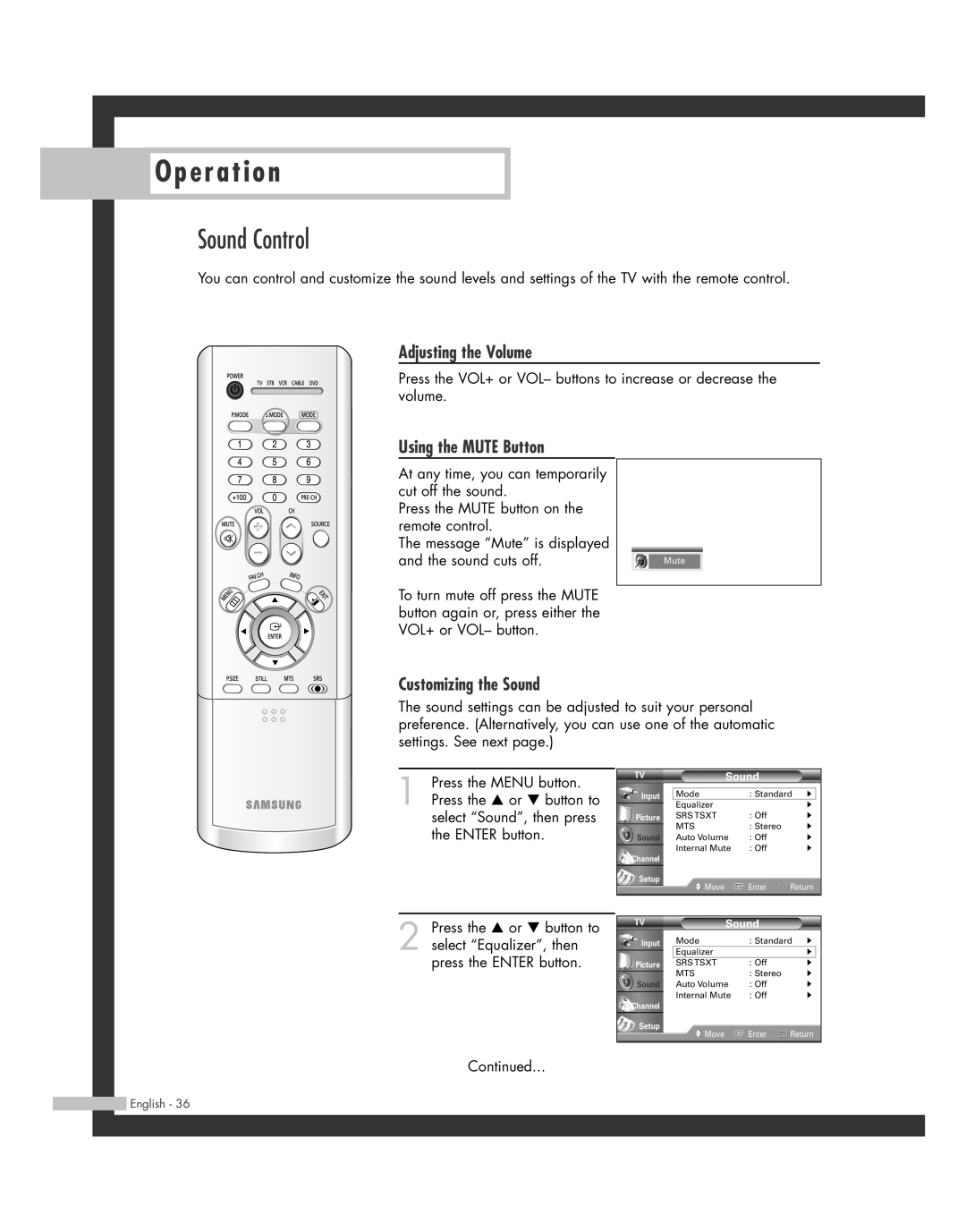 Samsung HL-R4662W, HL-R6162W, HL-R4262W Sound Control, Adjusting the Volume, Using the Mute Button, Customizing the Sound 