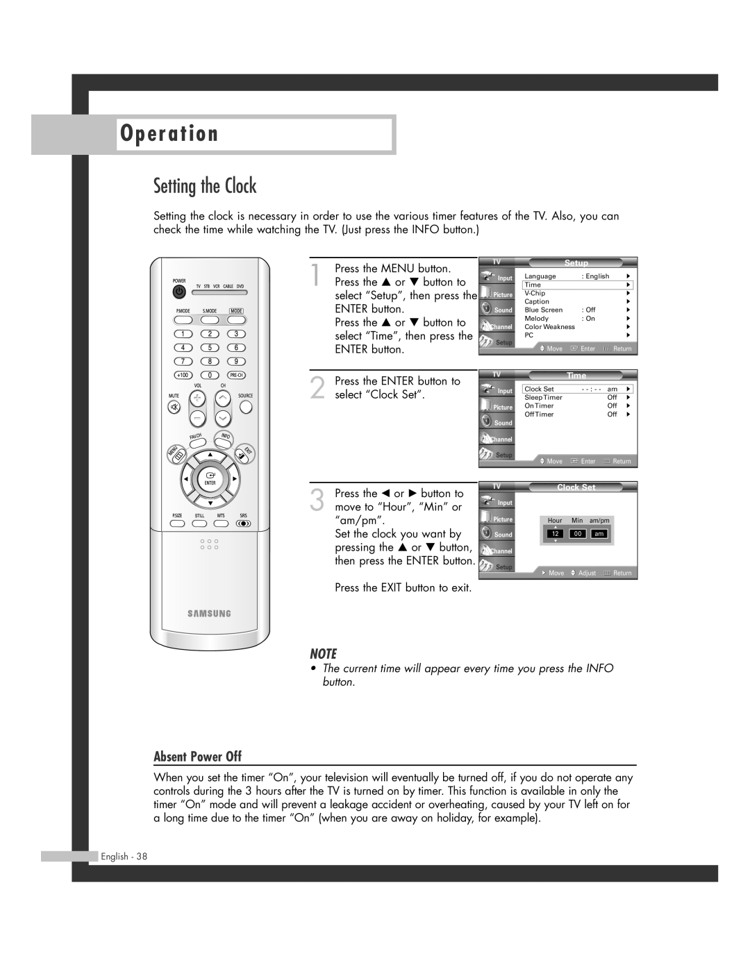 Samsung HL-R5062W, HL-R6162W, HL-R4662W, HL-R4262W, HL-R5662W, BP68-00493D-00 manual Setting the Clock, Absent Power Off 