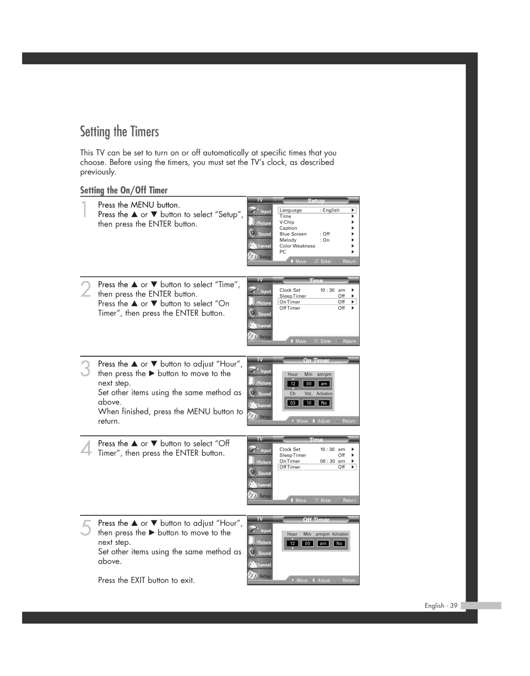 Samsung HL-R5662W, HL-R6162W, HL-R4662W, HL-R4262W, HL-R5062W, BP68-00493D-00 Setting the Timers, Setting the On/Off Timer 