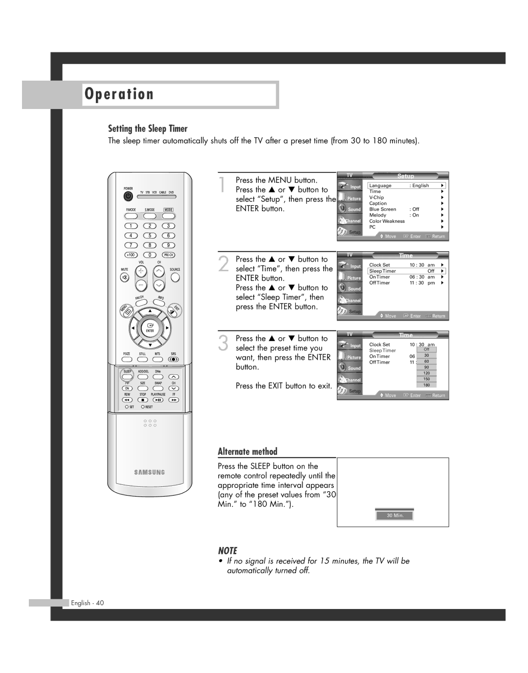 Samsung BP68-00493D-00, HL-R6162W, HL-R4662W, HL-R4262W, HL-R5062W, HL-R5662W manual Setting the Sleep Timer, Alternate method 