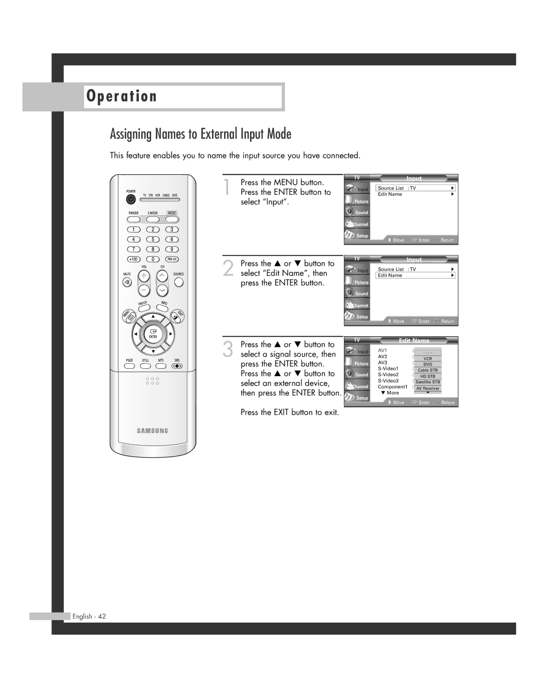 Samsung HL-R6162W, HL-R4662W, HL-R4262W, HL-R5062W, HL-R5662W manual Assigning Names to External Input Mode, Edit Name 