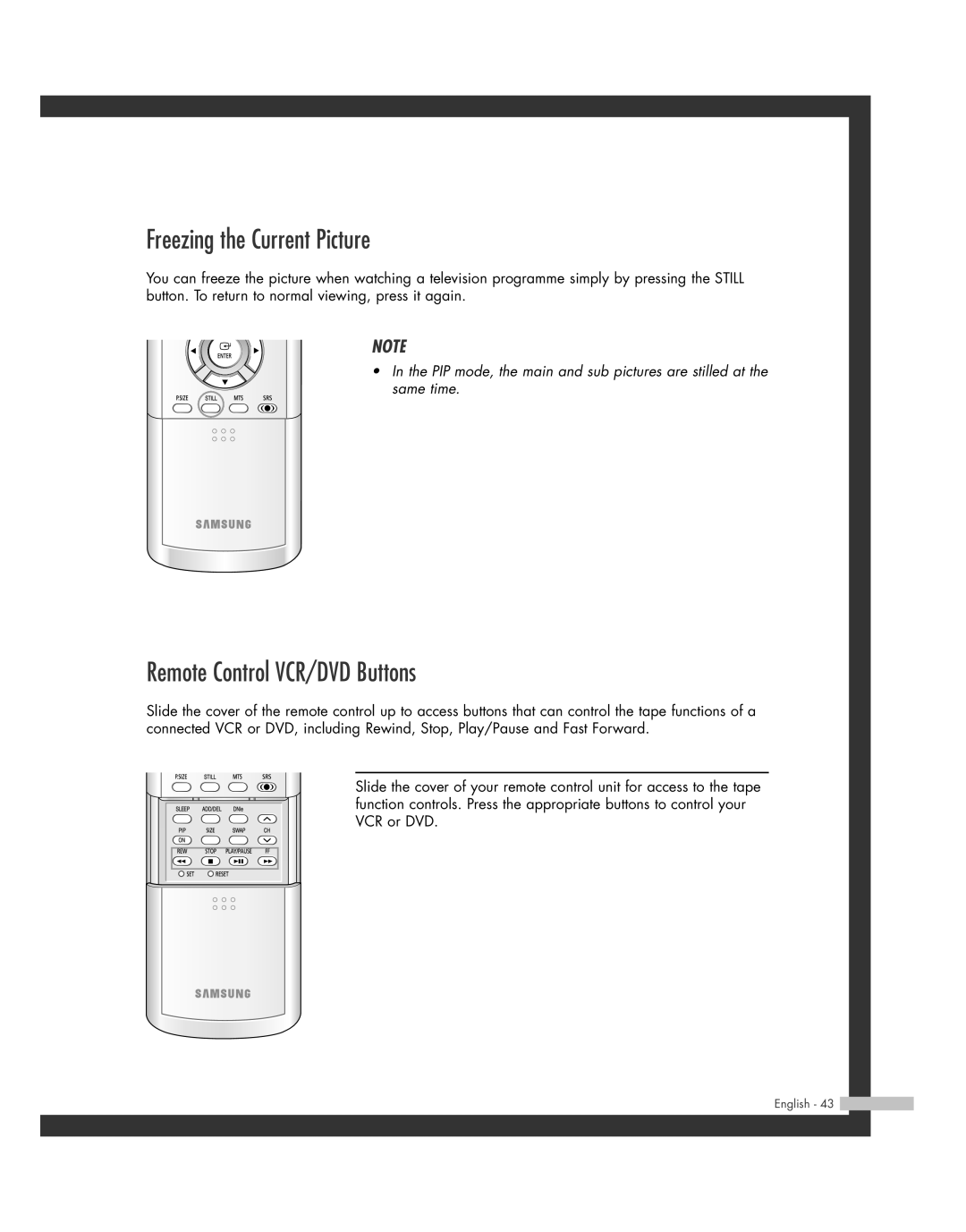 Samsung HL-R4662W, HL-R6162W, HL-R4262W, HL-R5062W, HL-R5662W Freezing the Current Picture, Remote Control VCR/DVD Buttons 