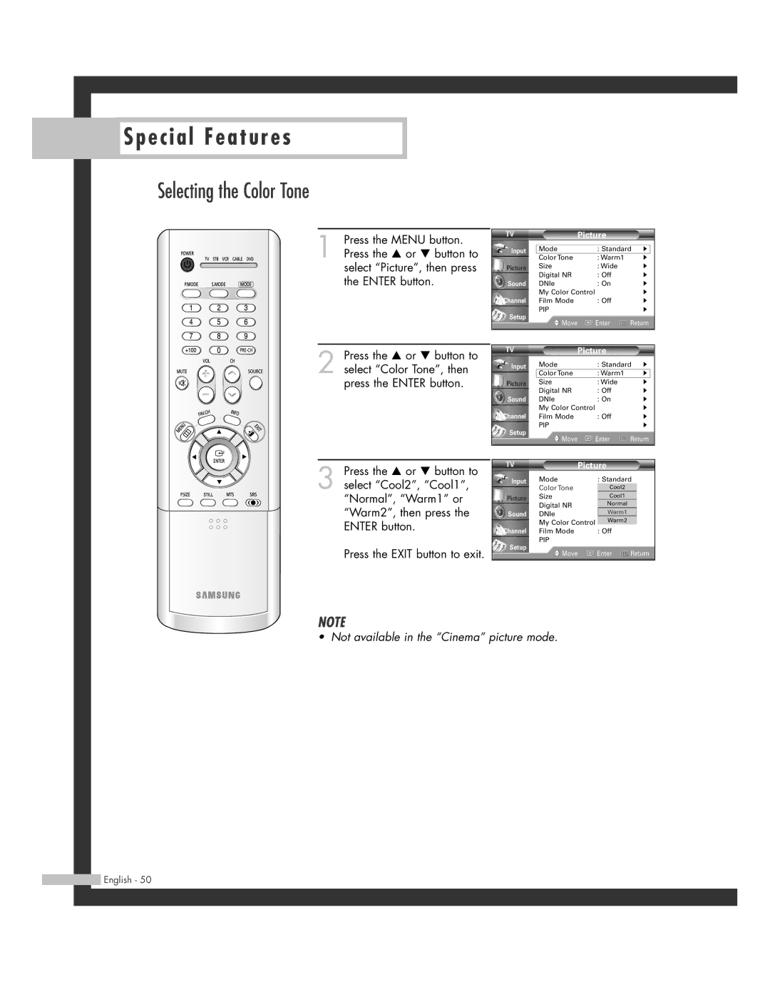 Samsung HL-R4662W, HL-R6162W, HL-R4262W, HL-R5062W, HL-R5662W, BP68-00493D-00, 20051014141732390 manual Selecting the Color Tone 