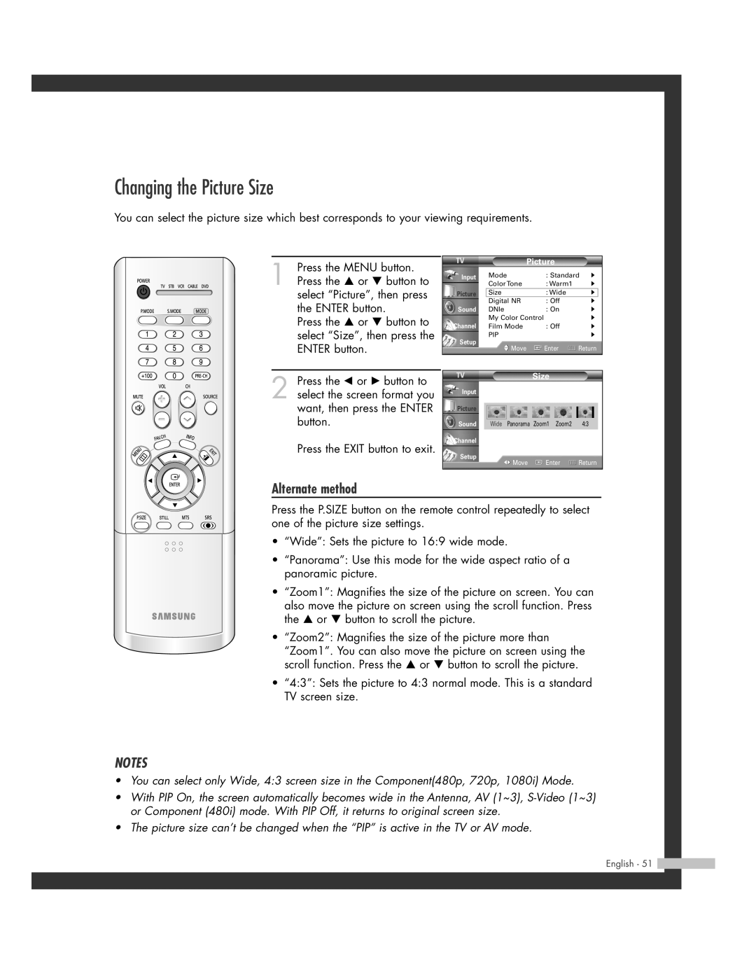 Samsung HL-R4262W, HL-R6162W, HL-R4662W, HL-R5062W, HL-R5662W, BP68-00493D-00 manual Changing the Picture Size, Alternate method 