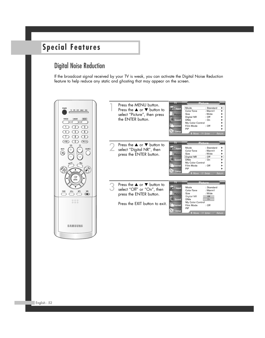 Samsung HL-R5062W, HL-R6162W, HL-R4662W, HL-R4262W, HL-R5662W, BP68-00493D-00, 20051014141732390 manual Digital Noise Reduction 