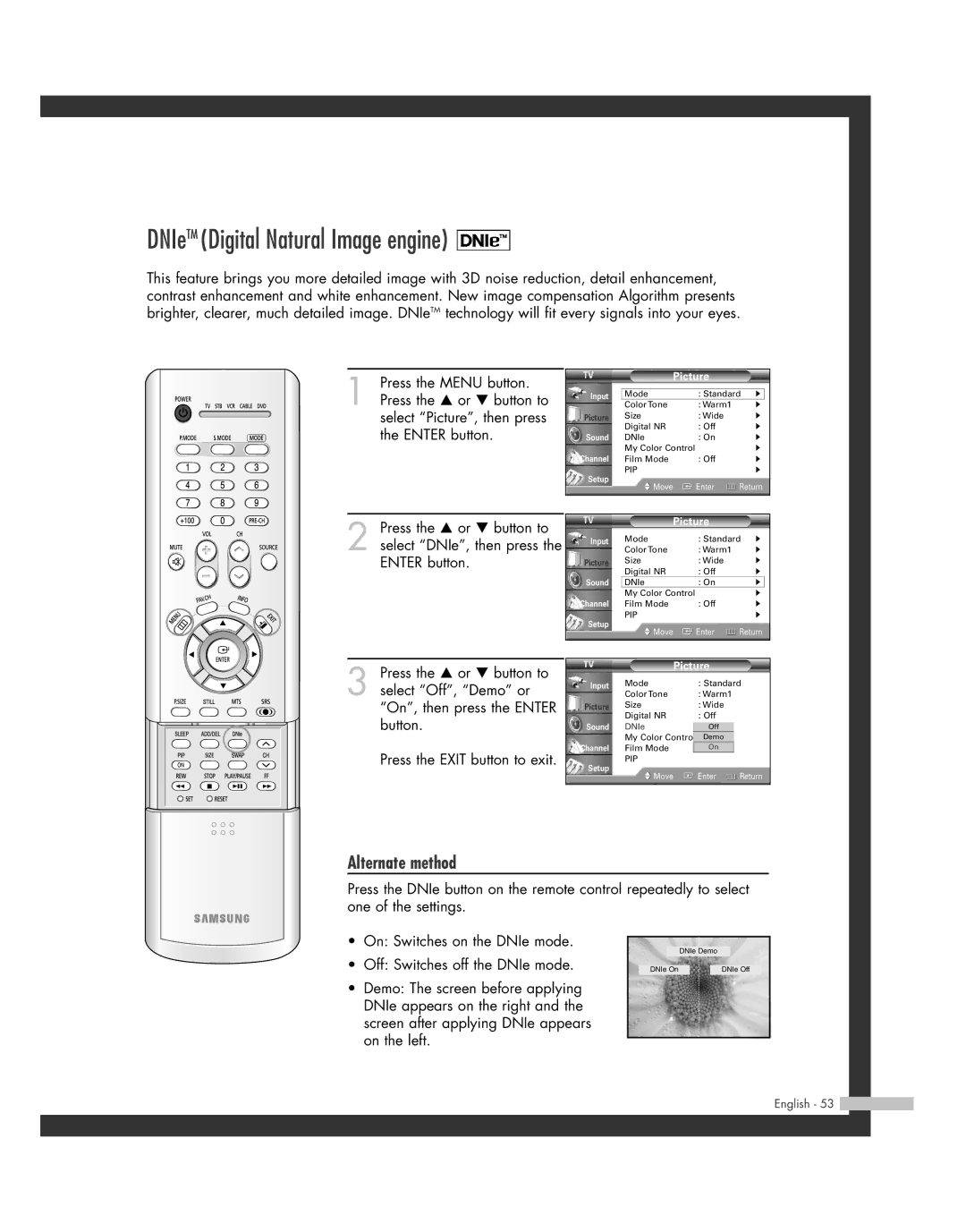 Samsung HL-R5662W, HL-R6162W, HL-R4662W, HL-R4262W, HL-R5062W, BP68-00493D-00 manual DNIeTM Digital Natural Image engine 