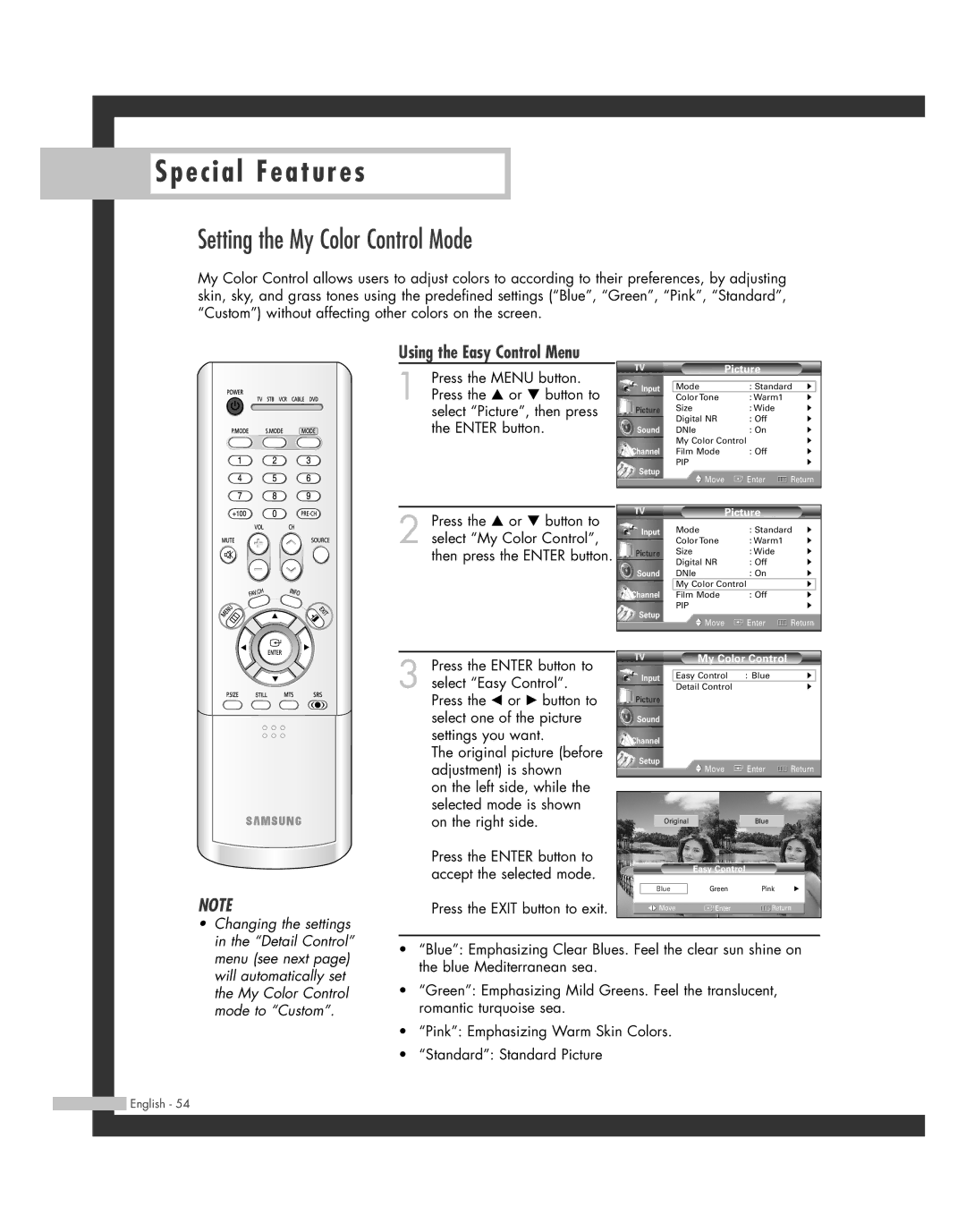 Samsung BP68-00493D-00, HL-R6162W, HL-R4662W, HL-R4262W manual Setting the My Color Control Mode, Using the Easy Control Menu 