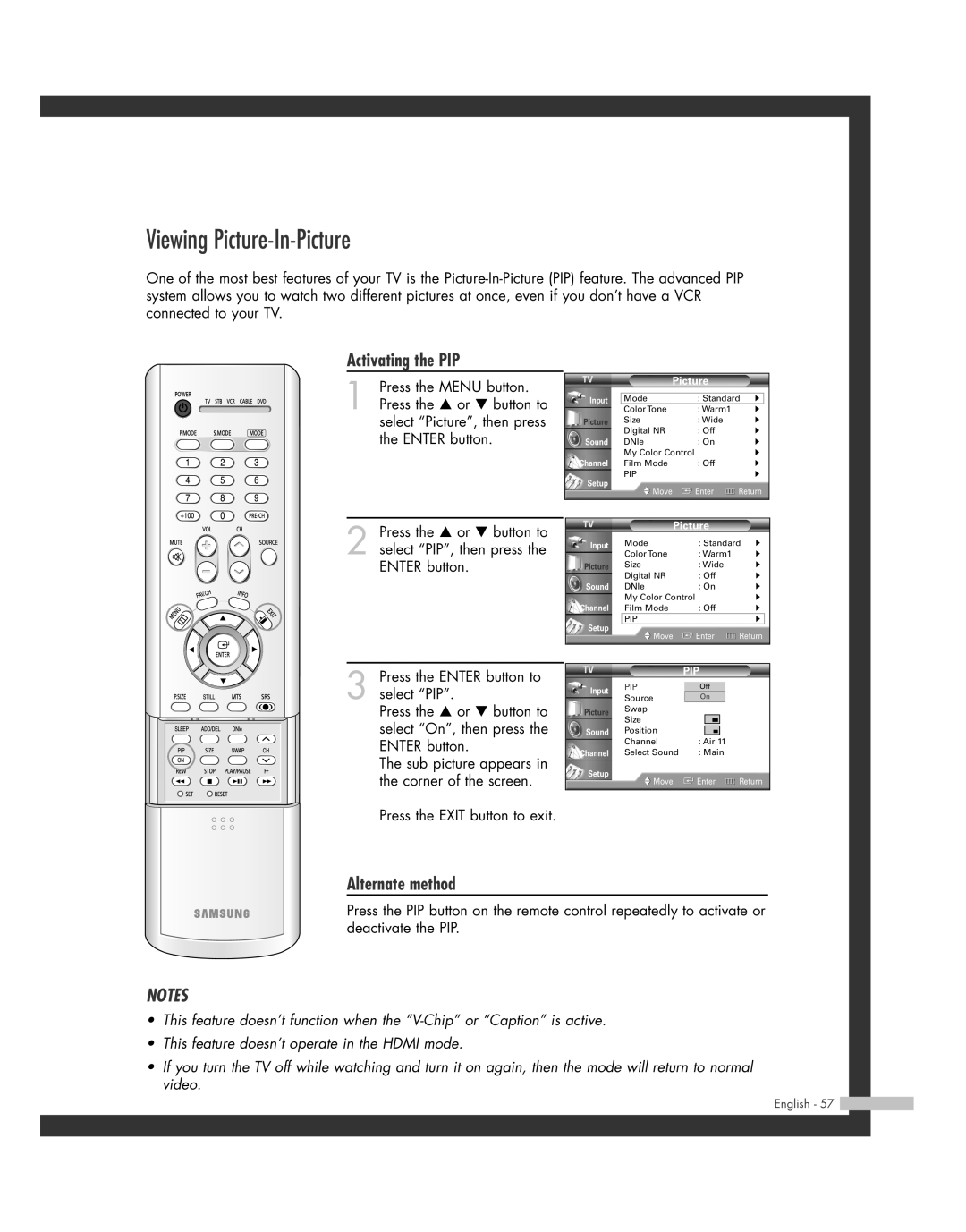 Samsung HL-R4662W, HL-R6162W, HL-R4262W, HL-R5062W, HL-R5662W, BP68-00493D-00 Viewing Picture-In-Picture, Activating the PIP 