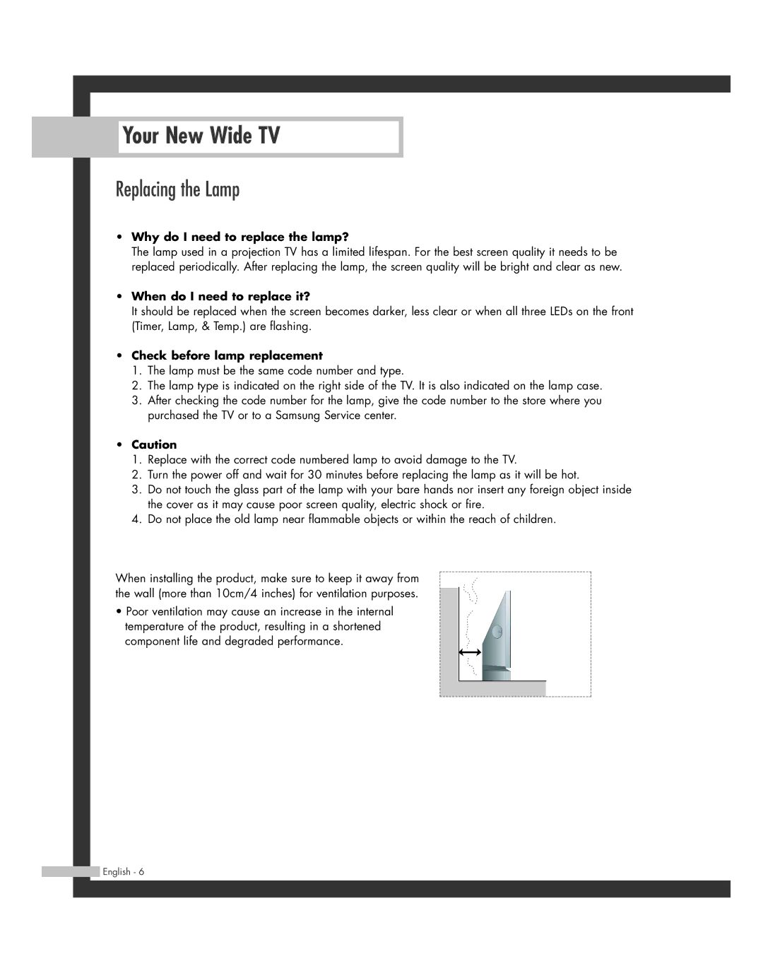 Samsung 20051014141732390, HL-R6162W, HL-R4662W, HL-R4262W, HL-R5062W, HL-R5662W manual Your New Wide TV, Replacing the Lamp 