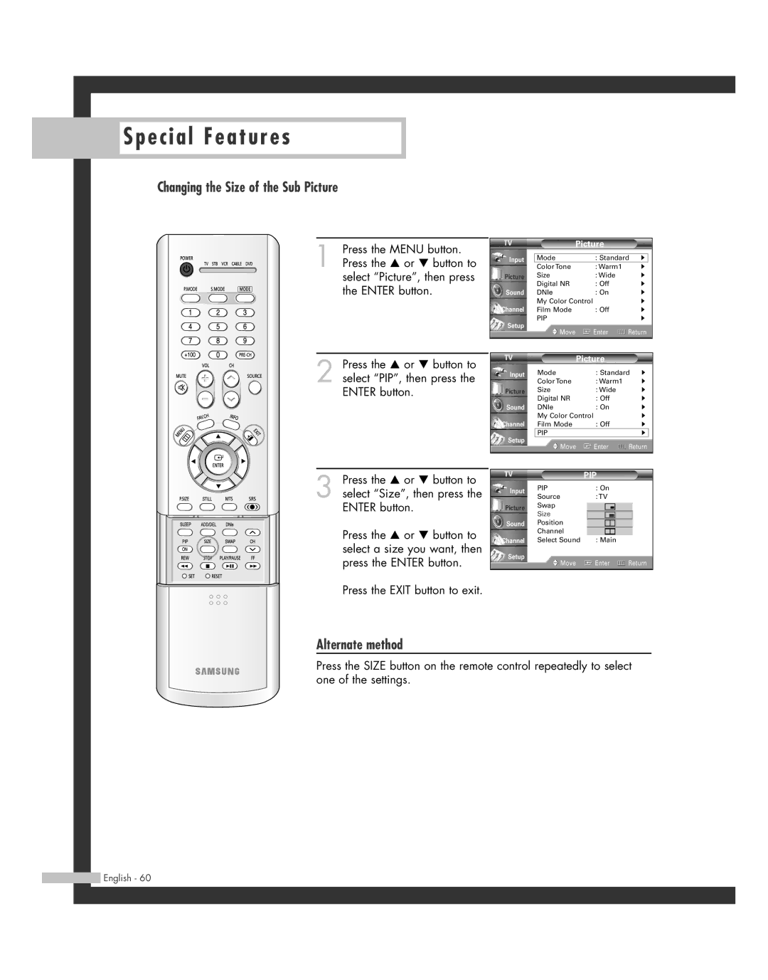 Samsung HL-R5662W, HL-R6162W, HL-R4662W, HL-R4262W, HL-R5062W manual Changing the Size of the Sub Picture, Alternate method 