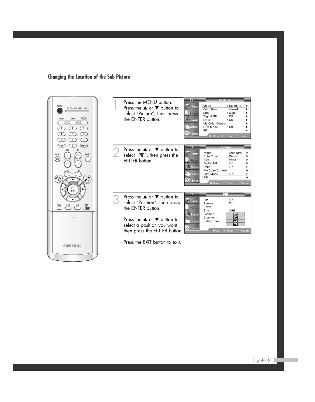 Samsung BP68-00493D-00, HL-R6162W, HL-R4662W, HL-R4262W, HL-R5062W, HL-R5662W manual Changing the Location of the Sub Picture 