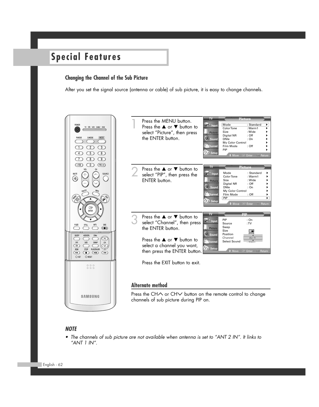 Samsung 20051014141732390, HL-R6162W, HL-R4662W, HL-R4262W, HL-R5062W, HL-R5662W manual Changing the Channel of the Sub Picture 