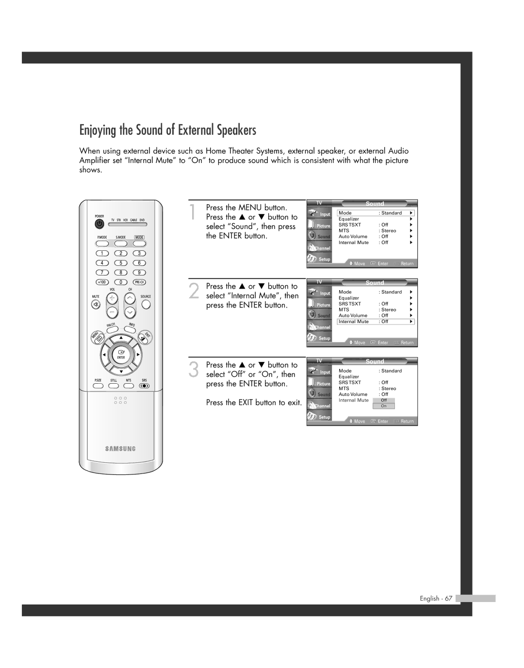 Samsung HL-R5662W, HL-R6162W, HL-R4662W, HL-R4262W, HL-R5062W, BP68-00493D-00 manual Enjoying the Sound of External Speakers 