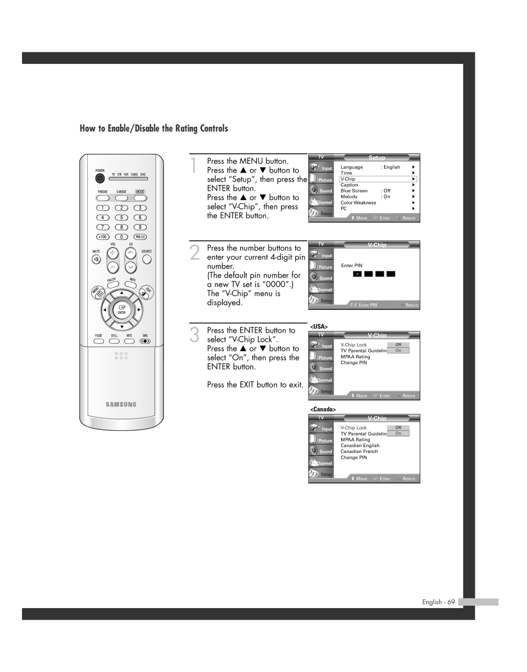 Samsung 20051014141732390, HL-R6162W, HL-R4662W, HL-R4262W, HL-R5062W, HL-R5662W How to Enable/Disable the Rating Controls 