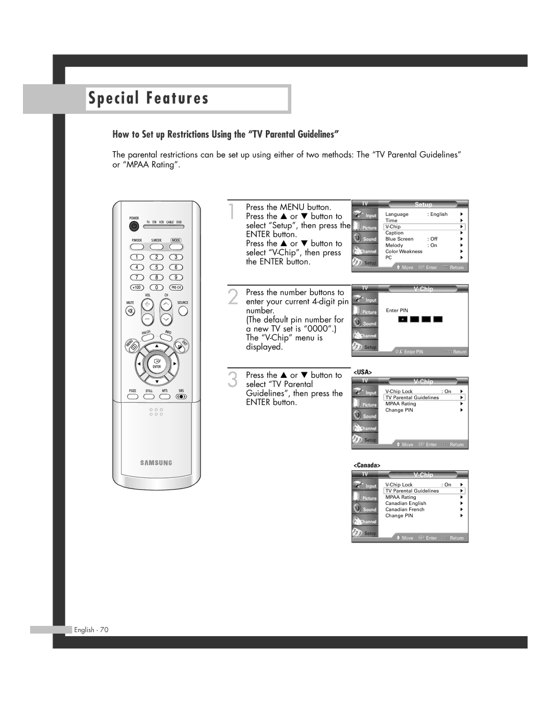 Samsung HL-R6162W, HL-R4662W, HL-R4262W, HL-R5062W, HL-R5662W How to Set up Restrictions Using the TV Parental Guidelines 