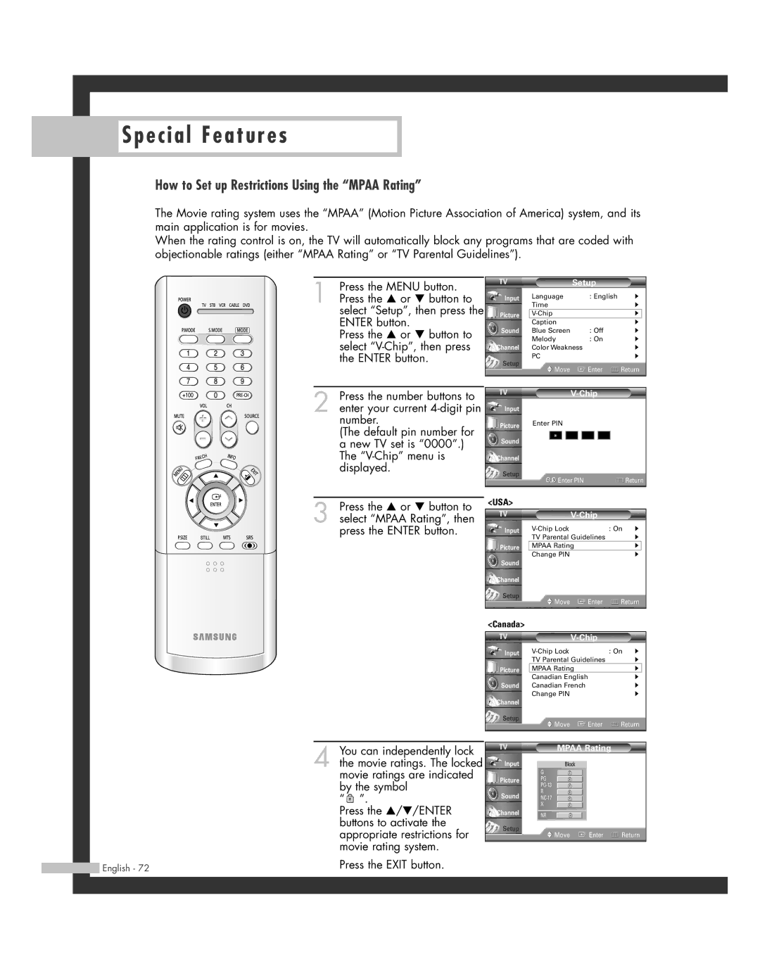 Samsung HL-R4262W, HL-R6162W, HL-R4662W, HL-R5062W, HL-R5662W, BP68-00493D-00 How to Set up Restrictions Using the Mpaa Rating 