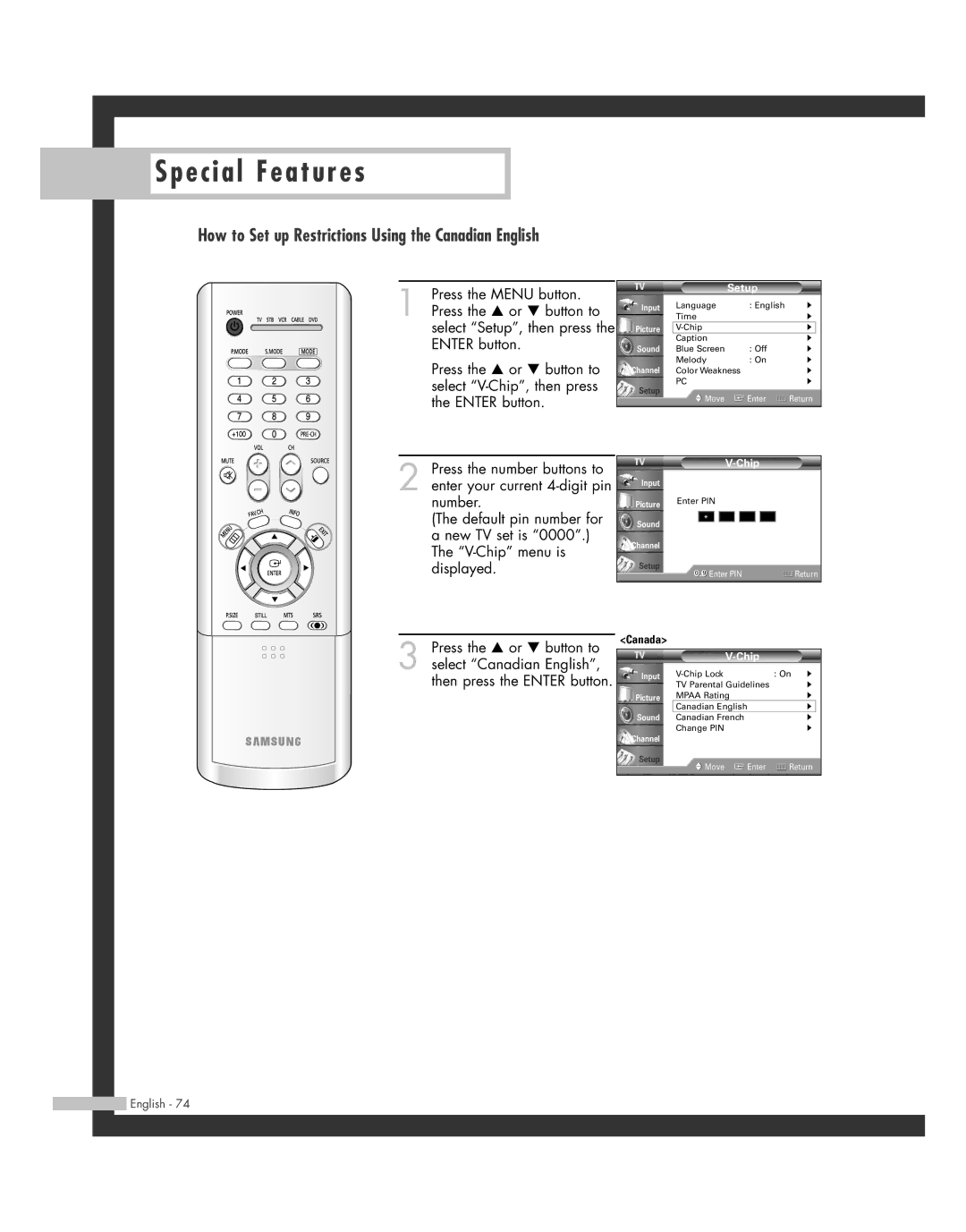 Samsung HL-R5662W, HL-R6162W, HL-R4662W, HL-R4262W, HL-R5062W manual How to Set up Restrictions Using the Canadian English 