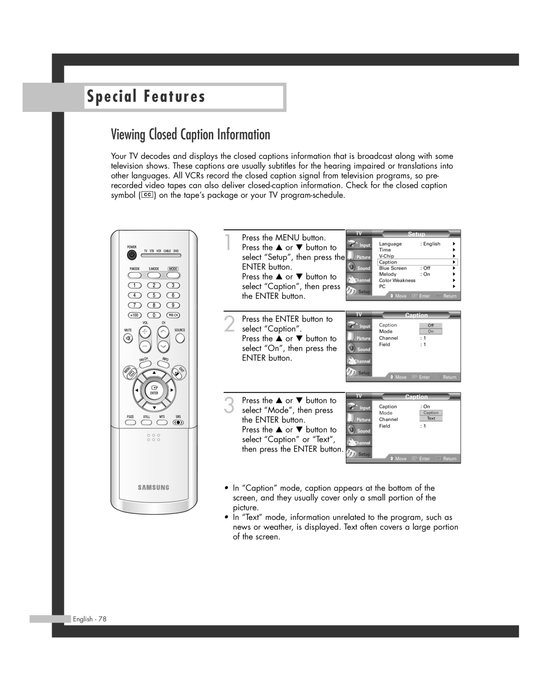 Samsung HL-R4662W, HL-R6162W, HL-R4262W, HL-R5062W, HL-R5662W, BP68-00493D-00 manual Viewing Closed Caption Information 