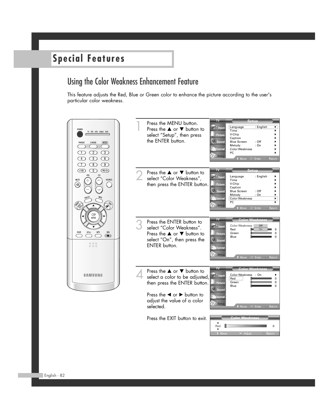 Samsung BP68-00493D-00, HL-R6162W, HL-R4662W, HL-R4262W, HL-R5062W, HL-R5662W Using the Color Weakness Enhancement Feature 