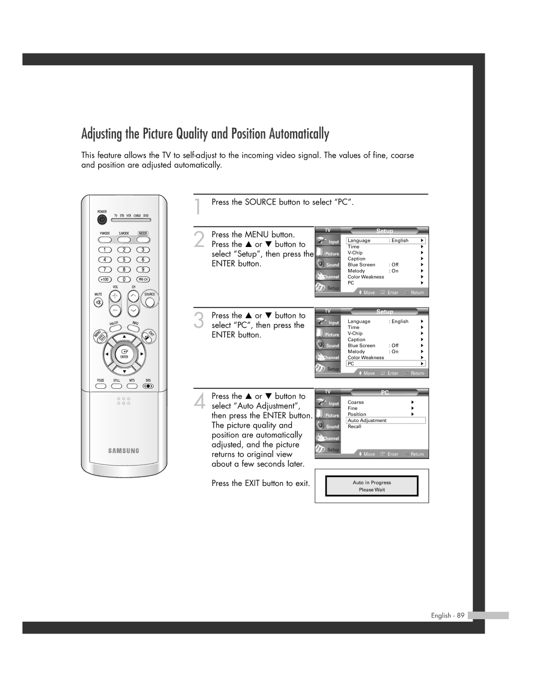 Samsung BP68-00493D-00, HL-R6162W, HL-R4662W, HL-R4262W, HL-R5062W Adjusting the Picture Quality and Position Automatically 