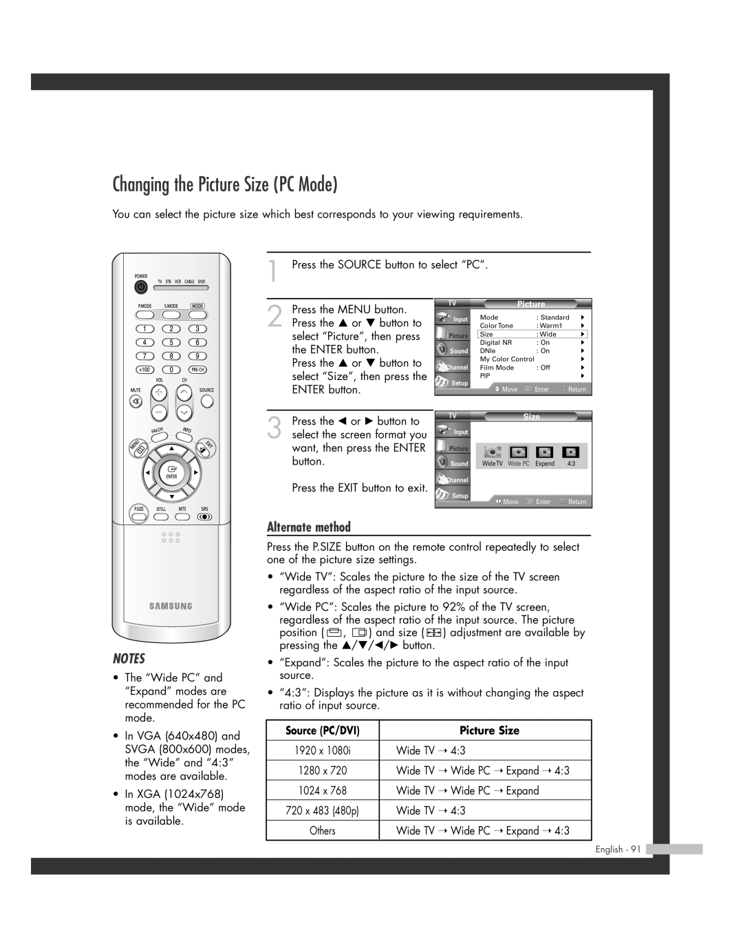 Samsung HL-R6162W, HL-R4662W, HL-R4262W, HL-R5062W, HL-R5662W Changing the Picture Size PC Mode, Source PC/DVI Picture Size 