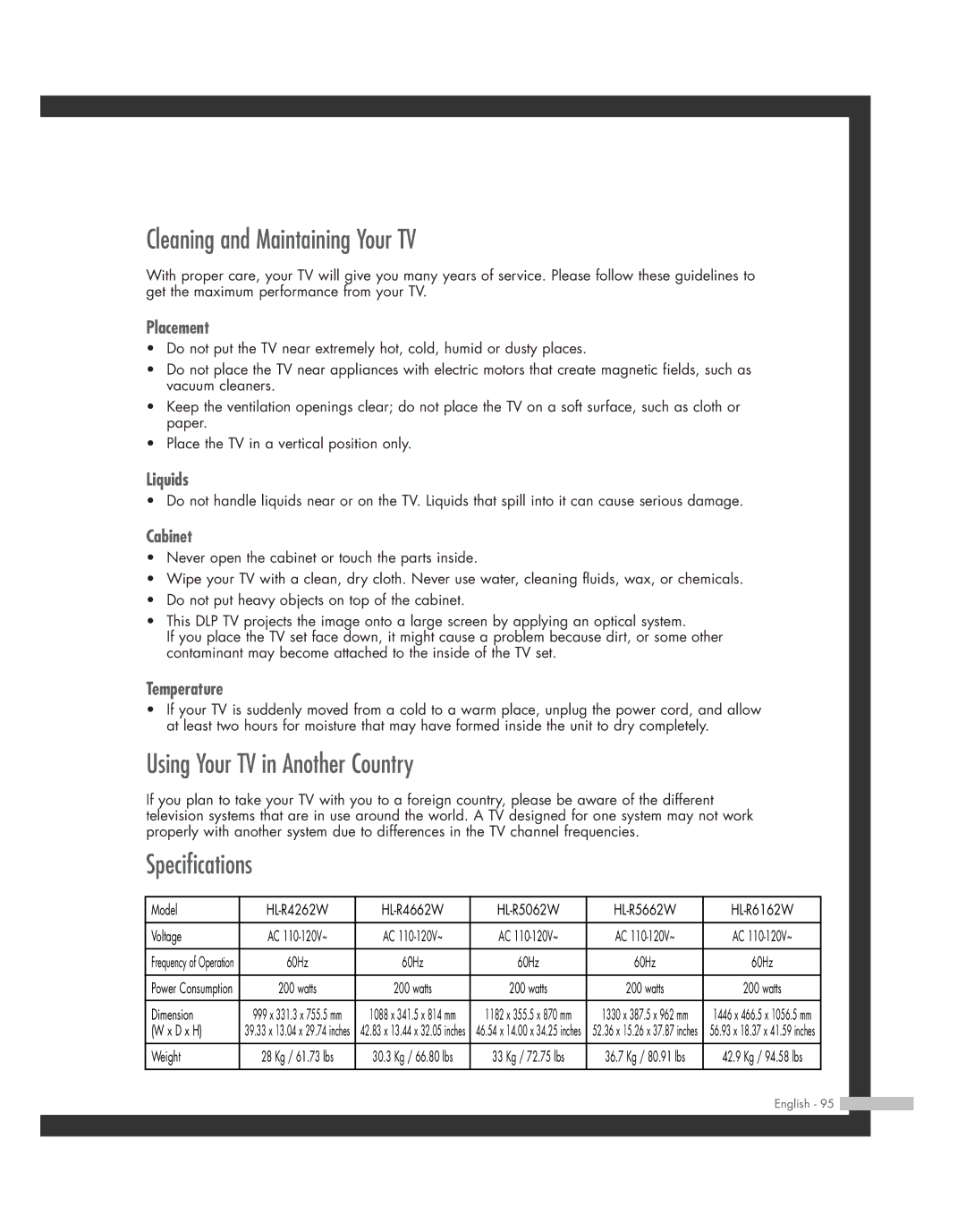 Samsung HL-R5662W, HL-R6162W, HL-R4662W Cleaning and Maintaining Your TV, Using Your TV in Another Country, Specifications 